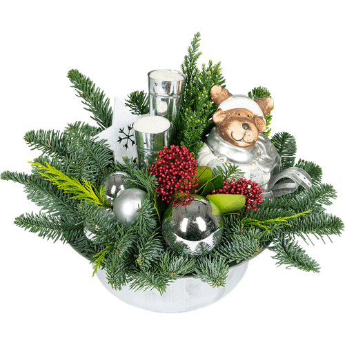 Foto van DekaMarkt Kerststuk zinken schaal rood/zilver op witte achtergrond