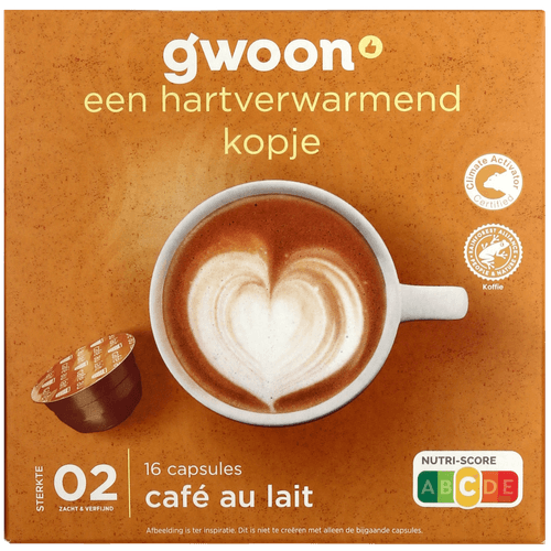 Foto van G'woon Koffiecups cafe au lait sterkte 2 op witte achtergrond