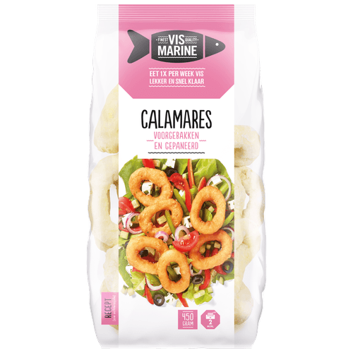 Foto van Vis Marine Calamares voorgebakken en gepaneerd op witte achtergrond