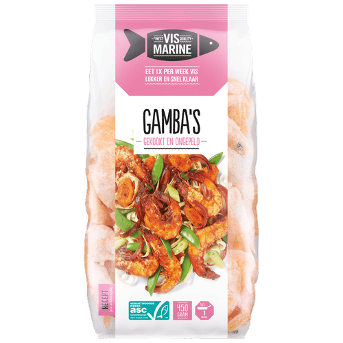 Foto van Vis Marine Gambas gekookt en ongepeld op witte achtergrond