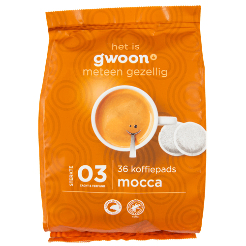 Foto van G'woon Koffiepads mokka op witte achtergrond