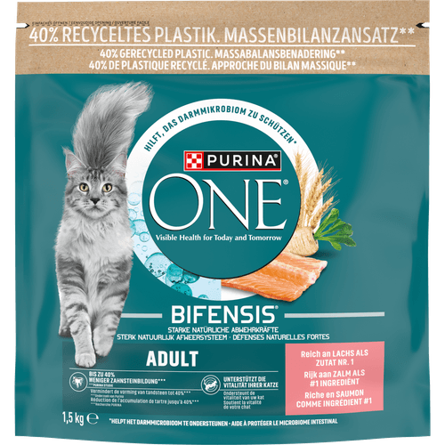 Foto van Purina One Kattenvoer adult zalm & volkoren granen op witte achtergrond