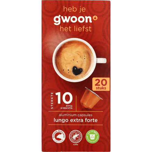 Foto van G'woon Koffiecapsules lungo extra forte op witte achtergrond