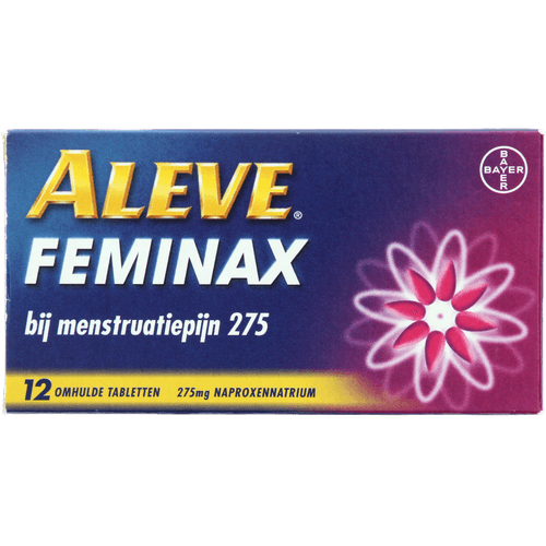 Foto van Aleve Feminax tableten menstruatiepijn 275mg op witte achtergrond