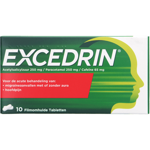 Foto van Excedrin Migraine tabletten op witte achtergrond
