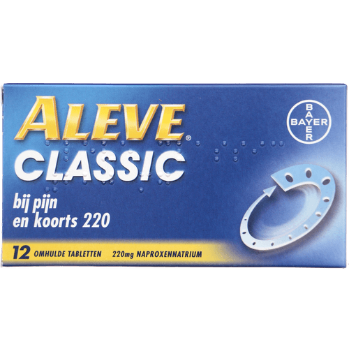 Foto van Aleve Naproxen tabletten classic 220mg op witte achtergrond