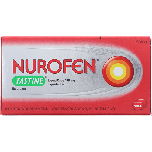 Foto van Nurofen Fastine liquid caps 400mg op witte achtergrond
