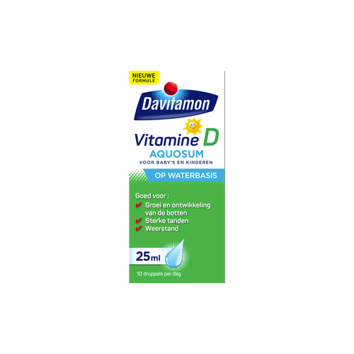 Foto van Davitamon Vitamine d aquosum druppels op witte achtergrond