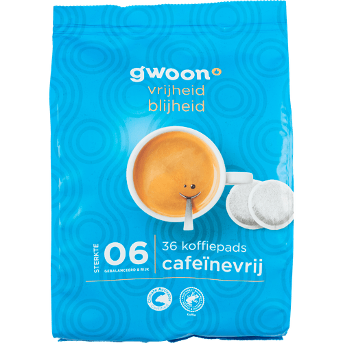 Foto van G'woon Koffiepads cafeinevrij op witte achtergrond