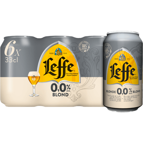 Foto van Leffe Blond 0.0 6x33 cl op witte achtergrond