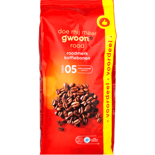 Foto van G'woon Koffiebonen roodmerk op witte achtergrond