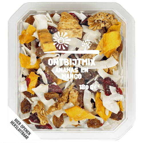 Foto van Qualino Ontbijtmix ananas & mango op witte achtergrond