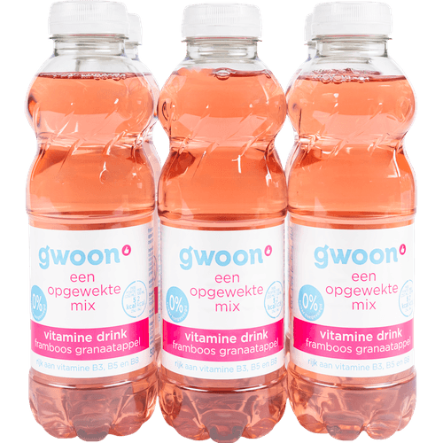 Foto van G'woon Vitamine drink 0% framboos-granaatappel 6x50 cl op witte achtergrond