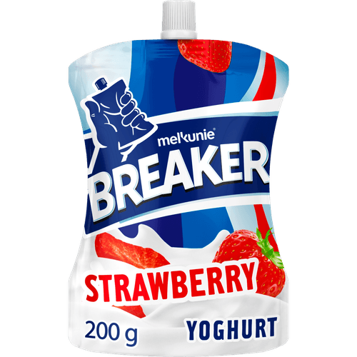 Foto van Melkunie Breaker aardbei op witte achtergrond