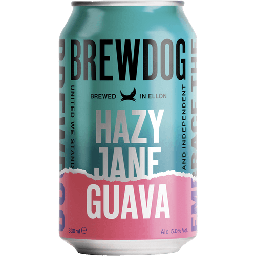 Foto van Brewdog Hazy jane guava op witte achtergrond
