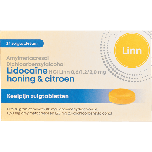 Foto van Linn Keeltabletten lidocaine op witte achtergrond