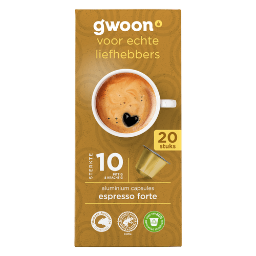 Foto van G'woon Koffiecapsules espresso forte op witte achtergrond