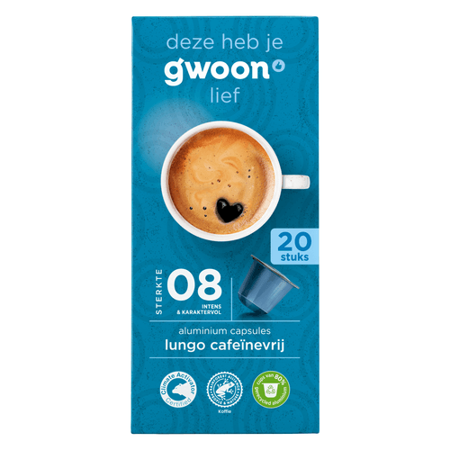 Foto van G'woon Koffiecups lungo decaf op witte achtergrond