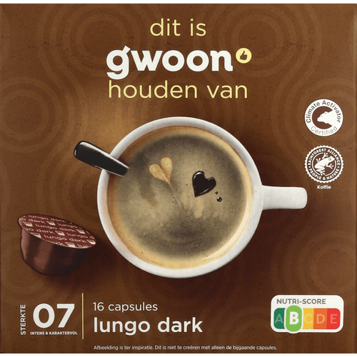 Foto van G'woon Koffiecups lungo dark sterkte 8 op witte achtergrond