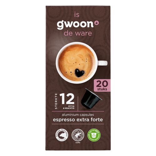 Foto van G'woon Koffiecapsules espresso extra forte op witte achtergrond