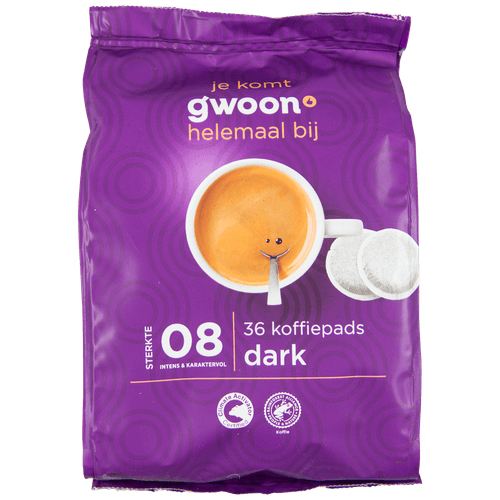 Foto van G'woon Koffiepads dark op witte achtergrond