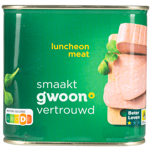 Foto van G'woon Luncheon meat op witte achtergrond