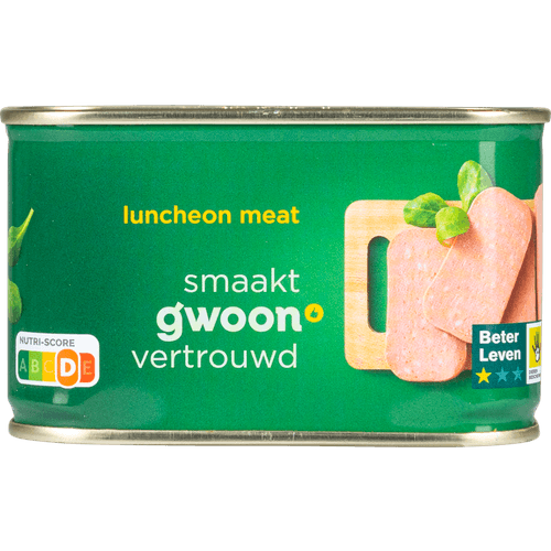 Foto van G'woon Luncheon meat op witte achtergrond