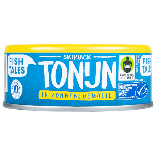 Foto van Fish Tales Skipjack tonijn in zonnebloemolie op witte achtergrond