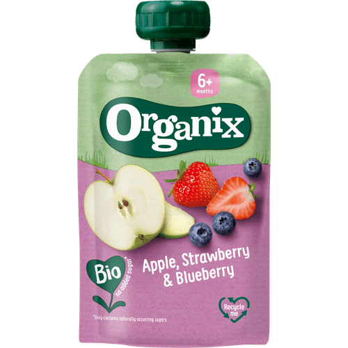 Foto van Organix Knijpzakje strawberry-blueberry +6 mnd op witte achtergrond