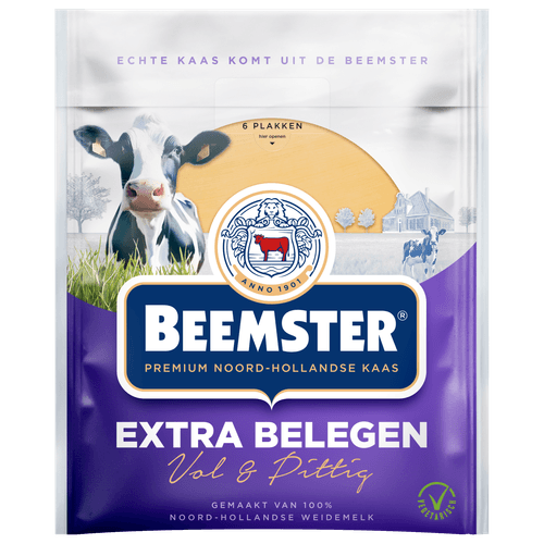 Foto van Beemster Kaas extra belegen 48+ plakken op witte achtergrond