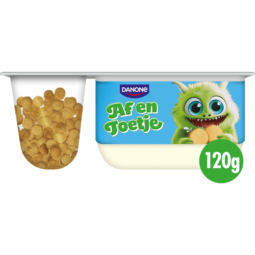 Foto van Danone Af en toetje vanilleyoghurt tarwekoekjes op witte achtergrond