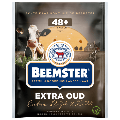 Foto van Beemster Kaas extra oud 48+ plakken op witte achtergrond