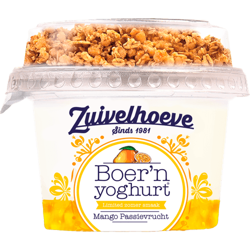 Foto van Zuivelhoeve Boern yoghurt muesli mango passievrucht op witte achtergrond