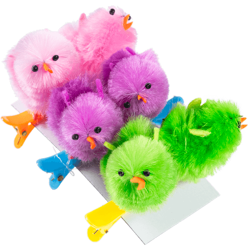 Foto van Chenille kuikens op clips 6 stuks op witte achtergrond