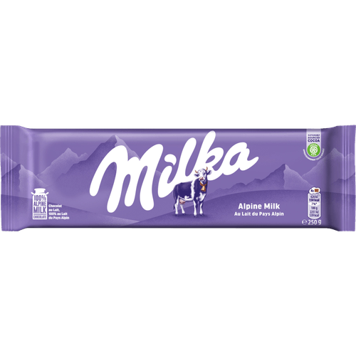 Foto van Milka Chocoladereep alpenmelk op witte achtergrond