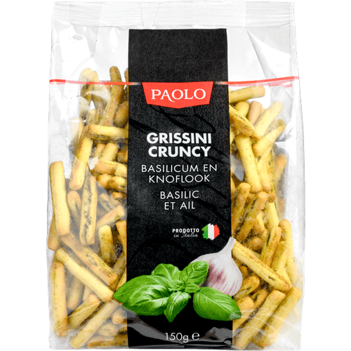 Foto van Paolo Grissini cruncy knoflook & basilicum op witte achtergrond