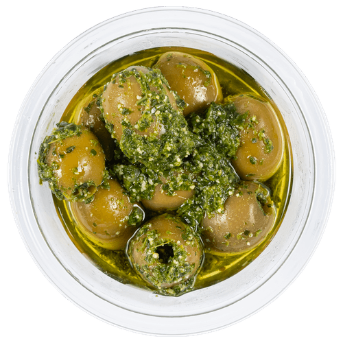 Foto van DekaMarkt Olijven pesto op witte achtergrond