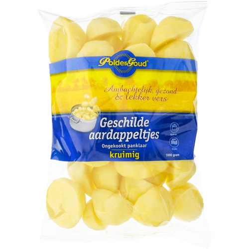 Foto van Poldergoud Geschilde aardappeltjes kruimig ongekookt op witte achtergrond