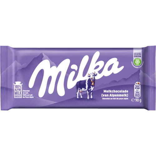 Foto van Milka Chocoladereep alpenmelk op witte achtergrond