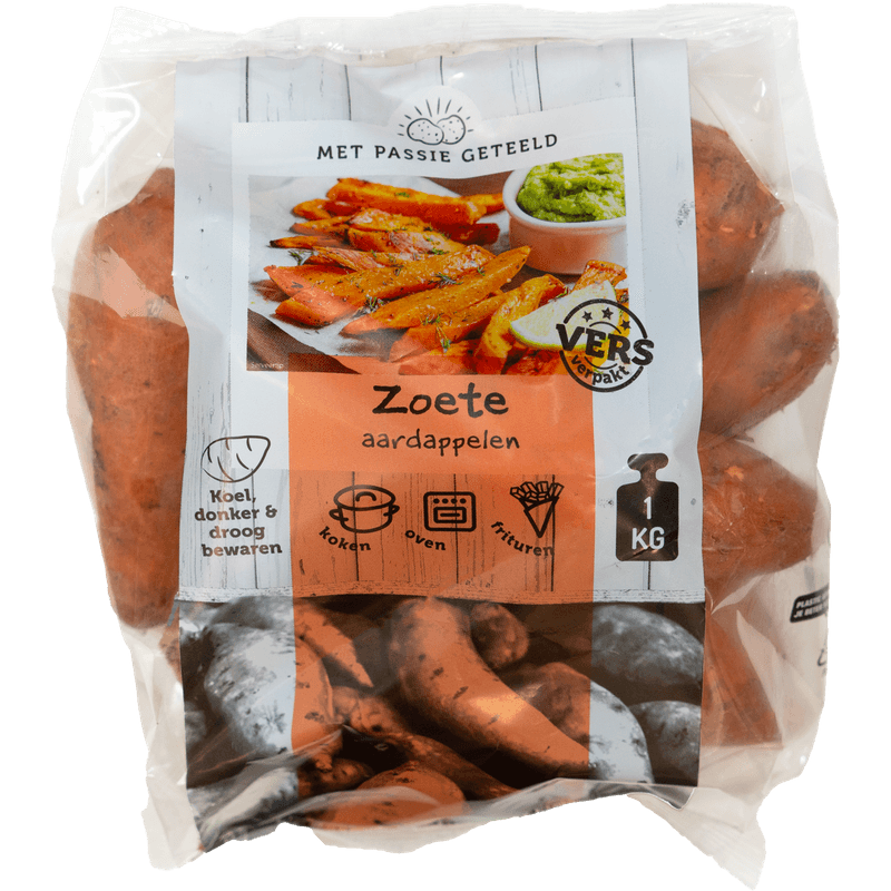 Met passie geteeld Zoete aardappelen verpakt