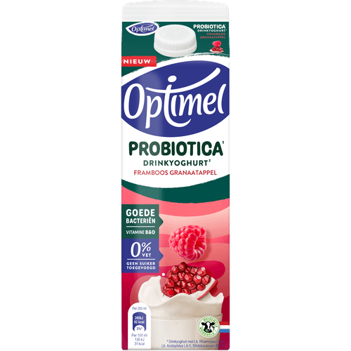 Foto van Optimel Probiotica drinkyoghurt framboos granaatappel op witte achtergrond