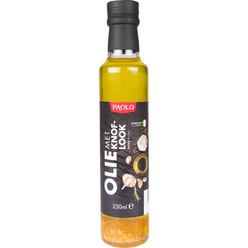 Foto van Paolo Olie blend knoflook op witte achtergrond