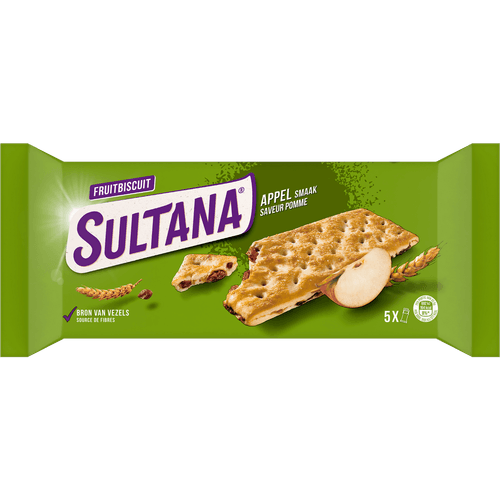Foto van Sultana Fruitbiscuit appel 5x 3st. op witte achtergrond