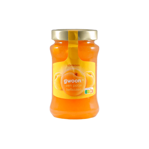 Foto van G'woon Jam extra abrikoos op witte achtergrond