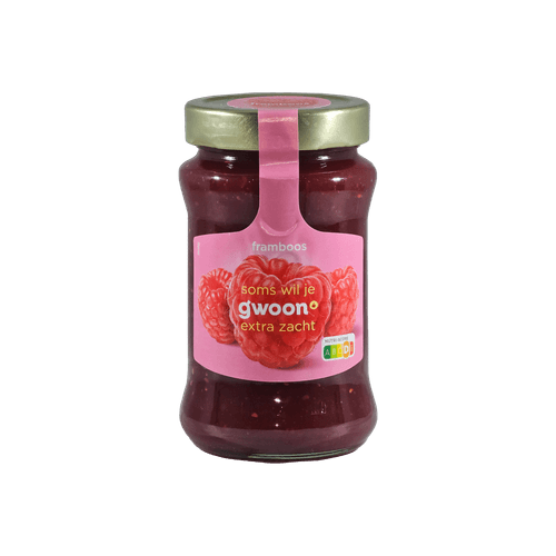 Foto van G'woon Jam extra framboos op witte achtergrond