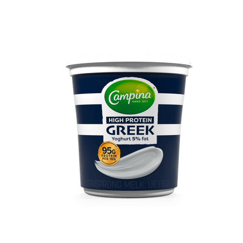 Foto van Campina High protein griekse yoghurt 5% vet op witte achtergrond