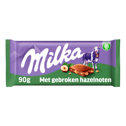 Foto van Milka Chocoladereep gebroken hazelnoten op witte achtergrond