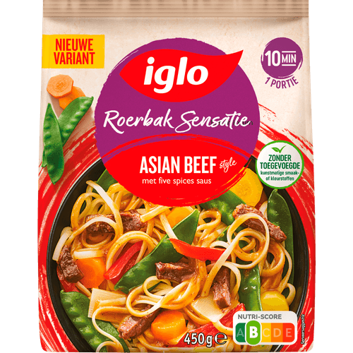 Foto van Iglo Roerbaksensatie asian beef 5 spices op witte achtergrond