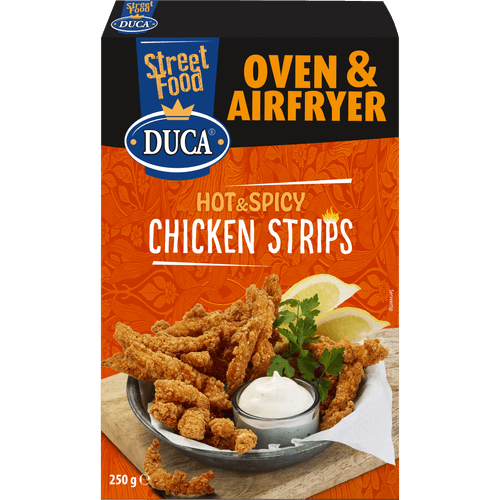 Foto van Duca Hot & spicy chicken strips op witte achtergrond