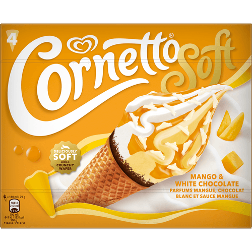 Foto van Ola Cornetto soft mango & white choc 4 st. op witte achtergrond